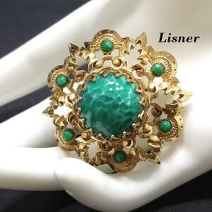 Vintage LISNER Green Art Glass Domed Brooch Gold Tone 1960s